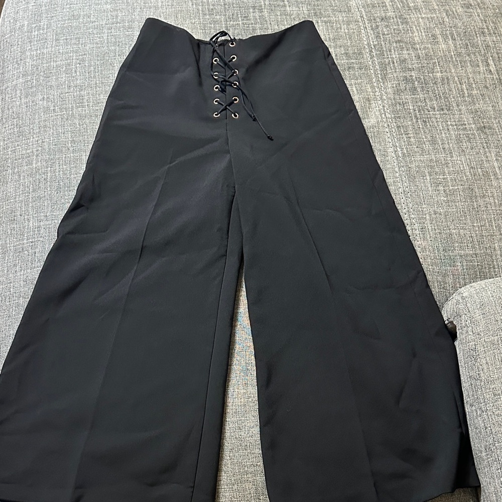 Topshop Black Lace-Up Wide-Leg Pants